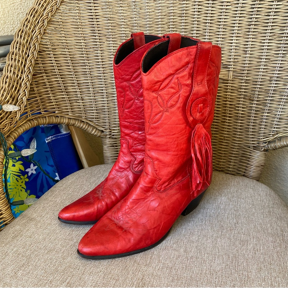 Vintage Laredo 1980s Red Leather Western Boots with Fringe